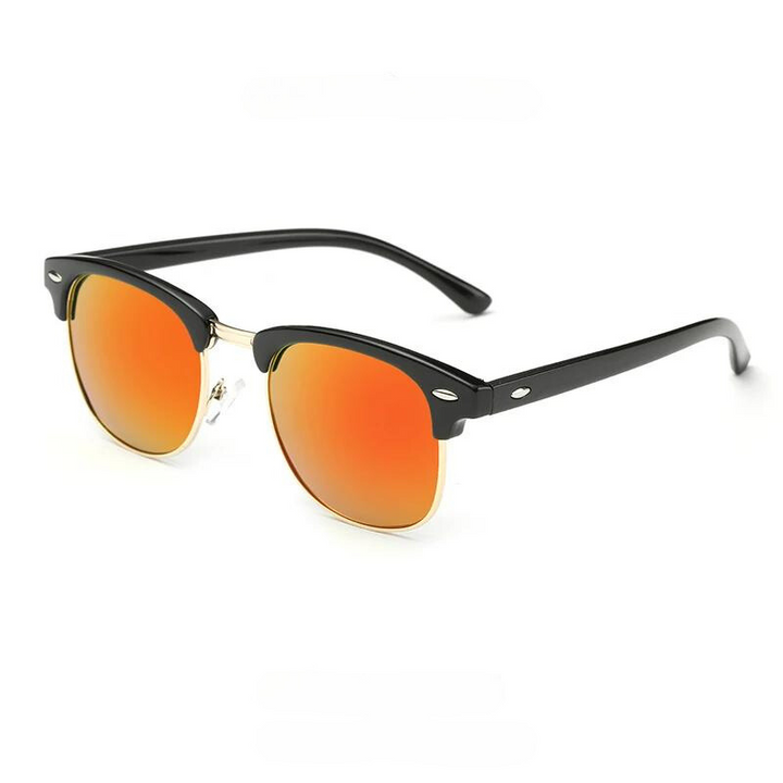 Black vintage sunglasses with a retro half-frame design and orange mirrored, polarized lenses for UV protection, displayed on a white background.