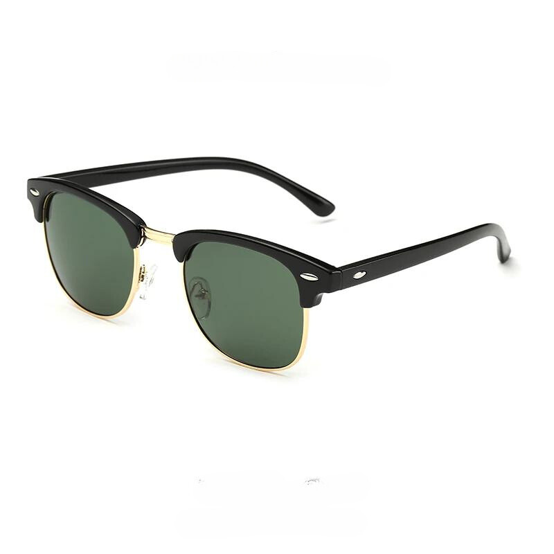 Classic vintage sunglasses with black frames, gold trim, and dark green lenses, featuring a clubmaster style design with distinct upper rims, metal accents on the corners, and reliable UV protection.