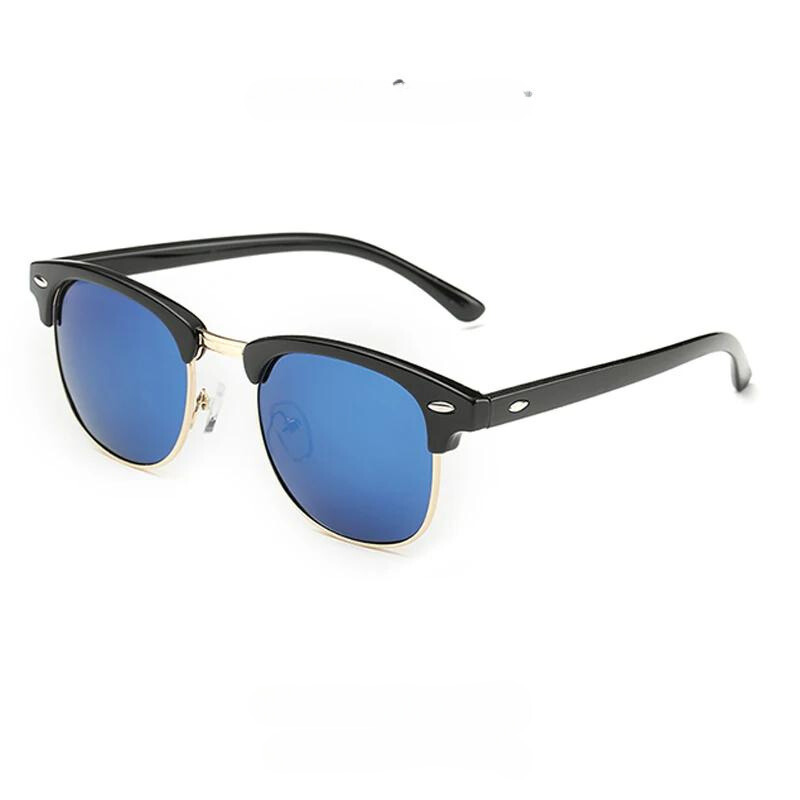 Black vintage sunglasses with blue mirrored polarized lenses and gold accents on the frames, displayed on a white background for stylish UV protection.