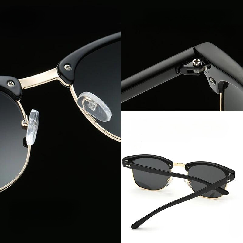 Three close-up views of black and gold vintage sunglasses: one shows the nose pads and bridge, another highlights the hinge, and the third displays the sunglasses from the back on a white surface. Features UV protection.