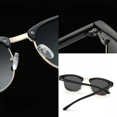 Three close-up views of black and gold vintage sunglasses: one shows the nose pads and bridge, another highlights the hinge, and the third displays the sunglasses from the back on a white surface. Features UV protection.