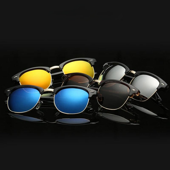 Five pairs of vintage sunglasses with half-rim black frames and mirrored, polarized lenses in blue, yellow, brown, and black offer UV protection as they rest on a glossy black surface against a black background.