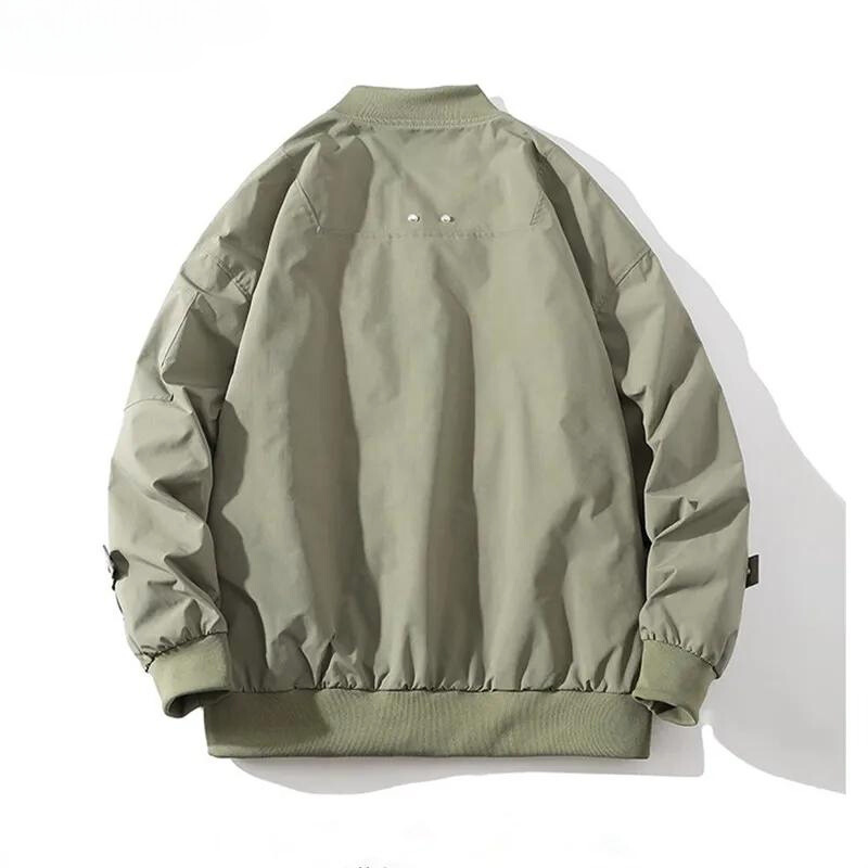 A light olive green bomber jacket is shown from the back. Featuring a classic design with ribbed collar, cuffs, and waistband, it has a relaxed fit with slight gathering at the hem and wrists. The jacket is displayed against a white background.