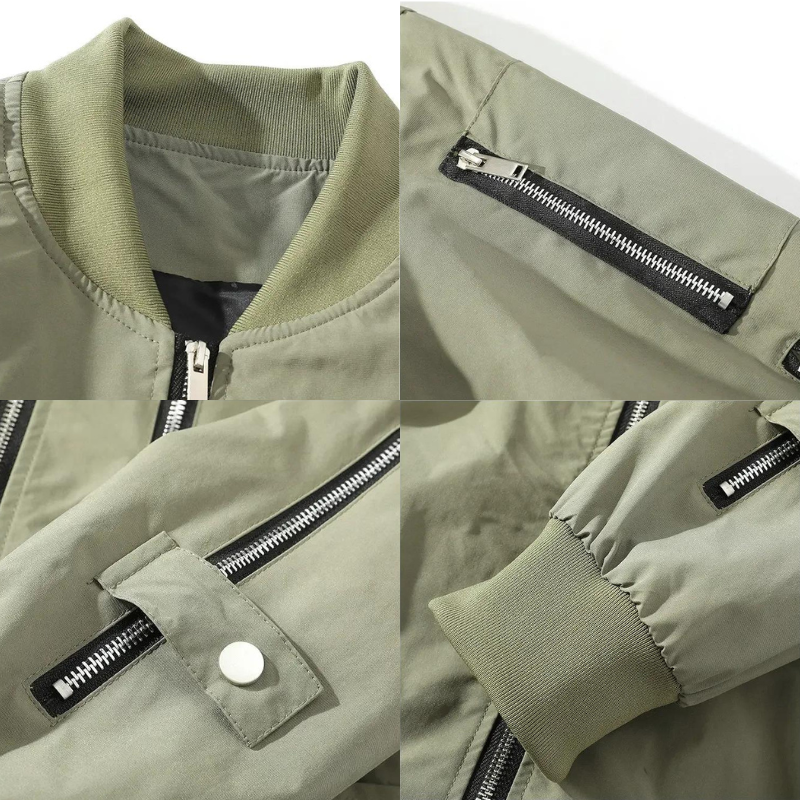 Close-up collage of a light olive green bomber jacket, showcasing its classic design: ribbed collar, zippered sleeve pocket, snap-buttoned flap, and ribbed cuff. The jacket features silver zippers and durable green fabric.