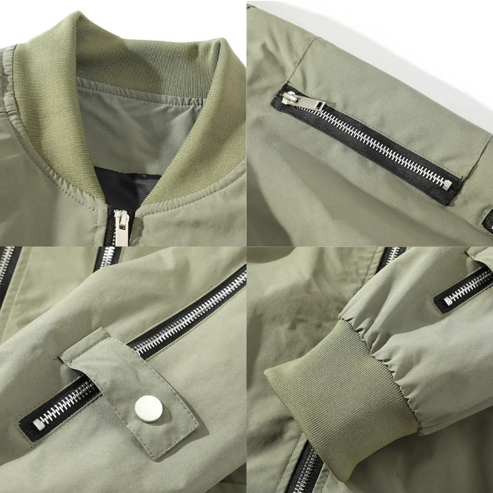 Close-up collage of a light olive green bomber jacket, showcasing its classic design: ribbed collar, zippered sleeve pocket, snap-buttoned flap, and ribbed cuff. The jacket features silver zippers and durable green fabric.
