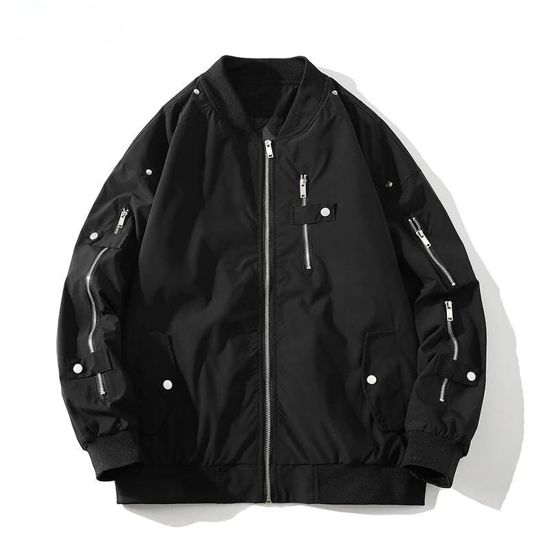 A black bomber jacket with a classic design features a front zipper, multiple zippered pockets on the sleeves and chest, snap-button flap pockets, ribbed cuffs, and a ribbed collar, laid flat on a white background.