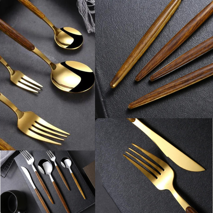 A collage of photos showing elegant gold plated flatware with brown wooden handles, including forks, knives, spoons, and chopsticks—each stainless steel cutlery set artfully arranged on dark surfaces.