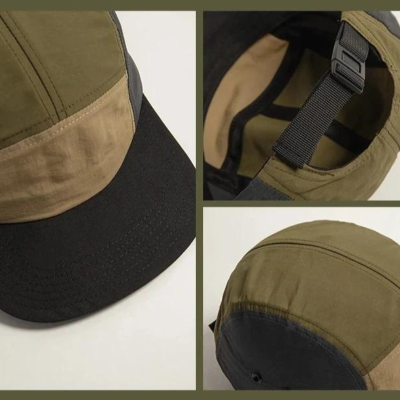 A collage of three images shows an outdoorsy, two-tone cap with an olive green crown, black brim, and adjustable black strap at the back. One close-up reveals interior details and stitching, highlighting its earthtone aesthetic.