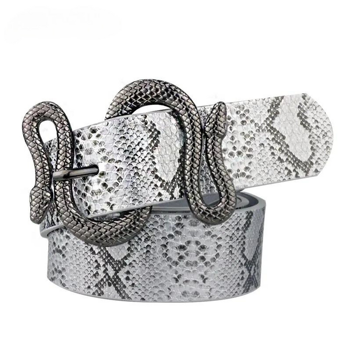A white and gray faux-snakeskin belt featuring a latticed metal buckle shaped like a snake, displayed against a plain white background.