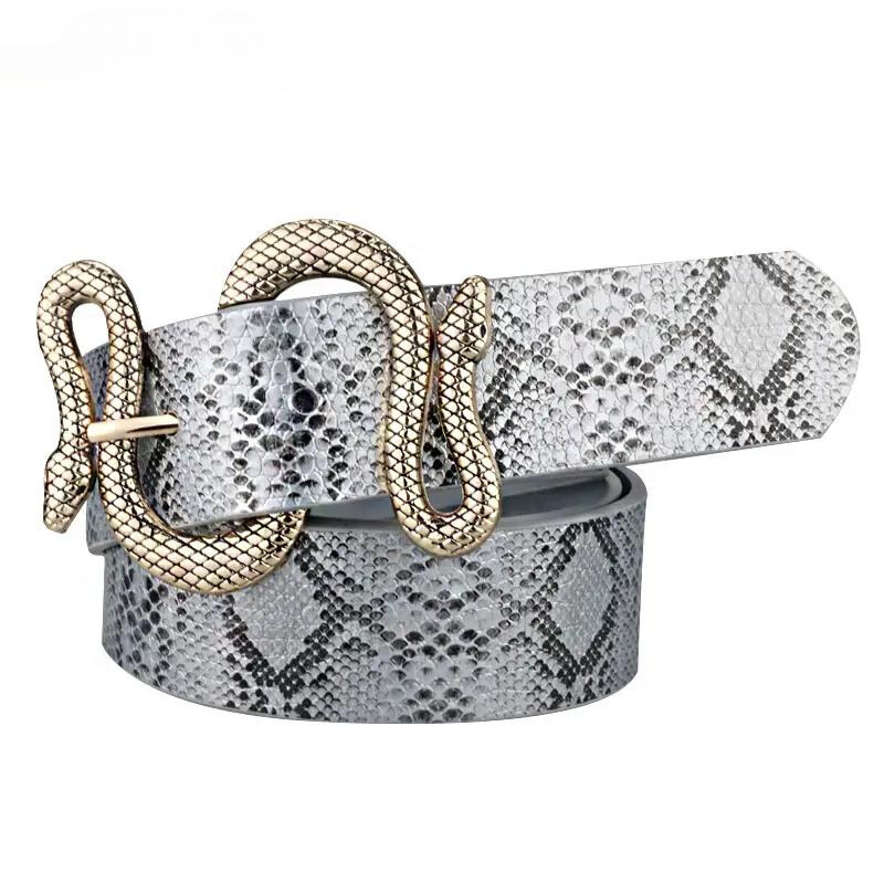 A gray faux-snakeskin belt featuring a gold latticed metal buckle shaped like a coiled snake.