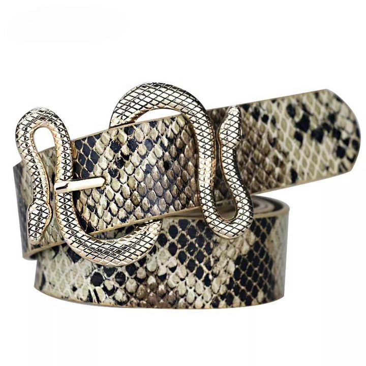 A faux-snakeskin belt with a gold, snake-shaped buckle, coiled in a loop and displaying detailed scales, features an antique patina finish for added depth and a realistic reptile design.