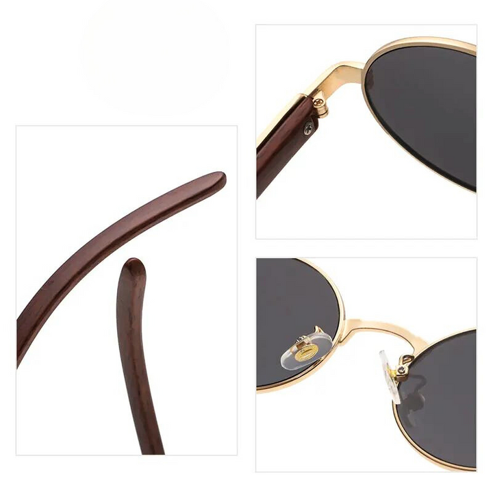 Collage of close-up views of Nautical Shades vintage sunglasses with dark lenses, gold metal rims, transparent nose pads, and brown arms. One image highlights the curved end of an arm and features UV400 protection.