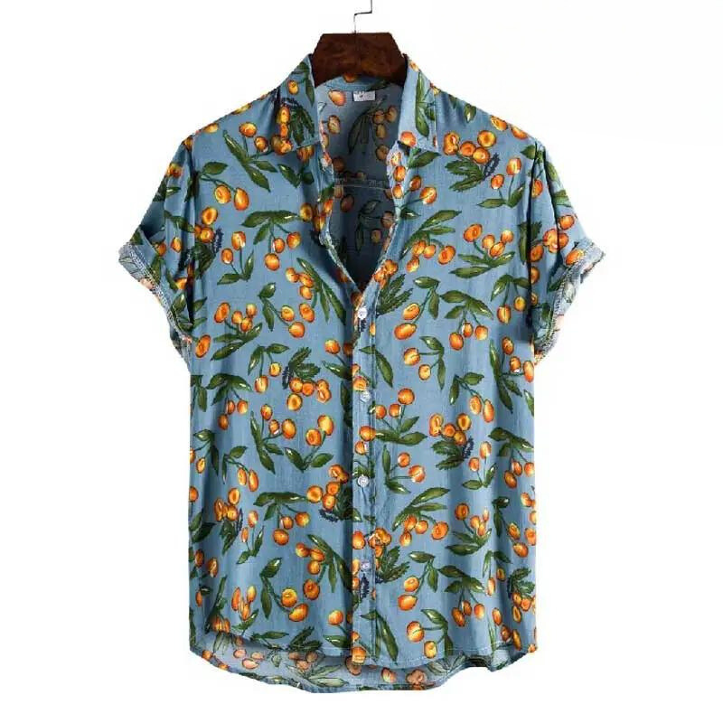 A relaxed fit shirt with short sleeves and a button-up front, featuring a blue background with orange fruit and green leaf patterns, displayed on a hanger.