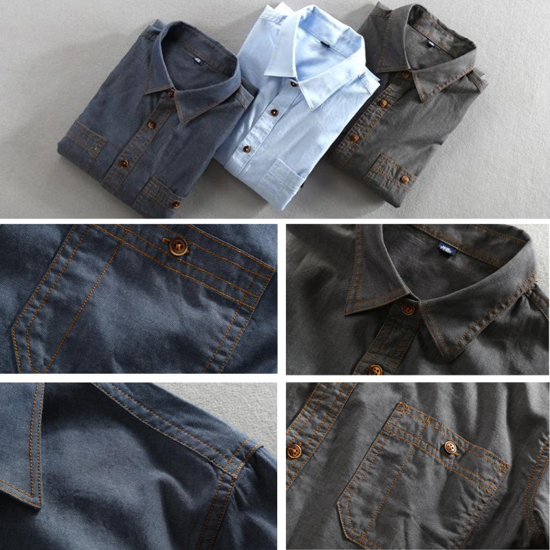 Three collared shirts—two dark gray and one light blue—are neatly folded on a surface. Close-up shots highlight the stitching, buttons, and chest pockets of each durable fabric shirt, showcasing quality craftsmanship.