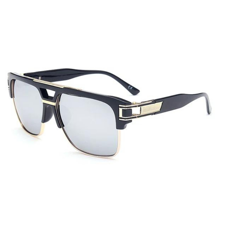 A pair of geometric sunglasses with black frames, gold accents, and mirrored, scratch-resistant lenses, featuring a bold, modern design, unique bridge detailing, and UV400 protection for your eyes.