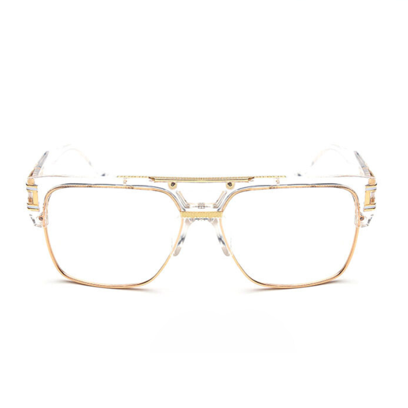 Clear eyeglasses with a gold metal frame, rectangular scratch-resistant lenses, and thick transparent plastic arms, photographed against a white background.