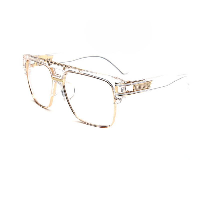 Clear and gold rectangular eyeglasses with a transparent frame, gold metal accents, and scratch-resistant lenses, displayed on a white background.