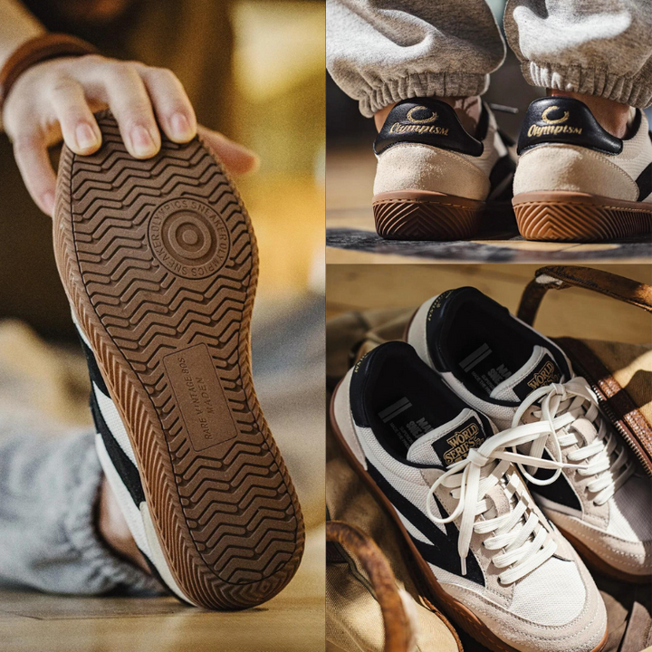 A collage shows close-ups of Olympism 1984 Pro Sneakers: a hand holding one by the sole, a person wearing them with sweatpants, and a top view next to a brown leather bag—spot the 80s aesthetics and EVA midsole cushioning in every detail.