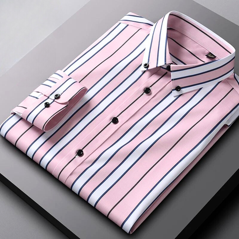 A neatly folded Hamilton Executive Classic Fit Shirt with pink, white, and blue vertical stripes, laid on a gray surface. This premium fabric shirt features black buttons and a classic collar—perfect for showcasing vibrant spring colors.