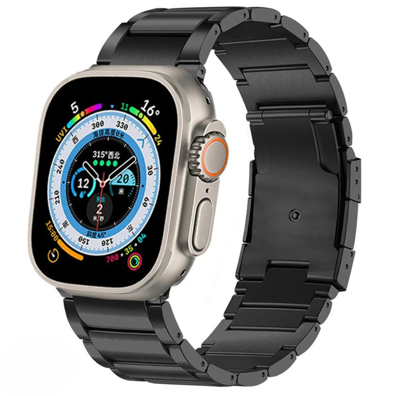 A modern smartwatch with a black Grade 2 Titanium metal band, displaying a colorful digital watch face with multiple dials and fitness tracking features on its rectangular screen, offering lightweight durability and style.