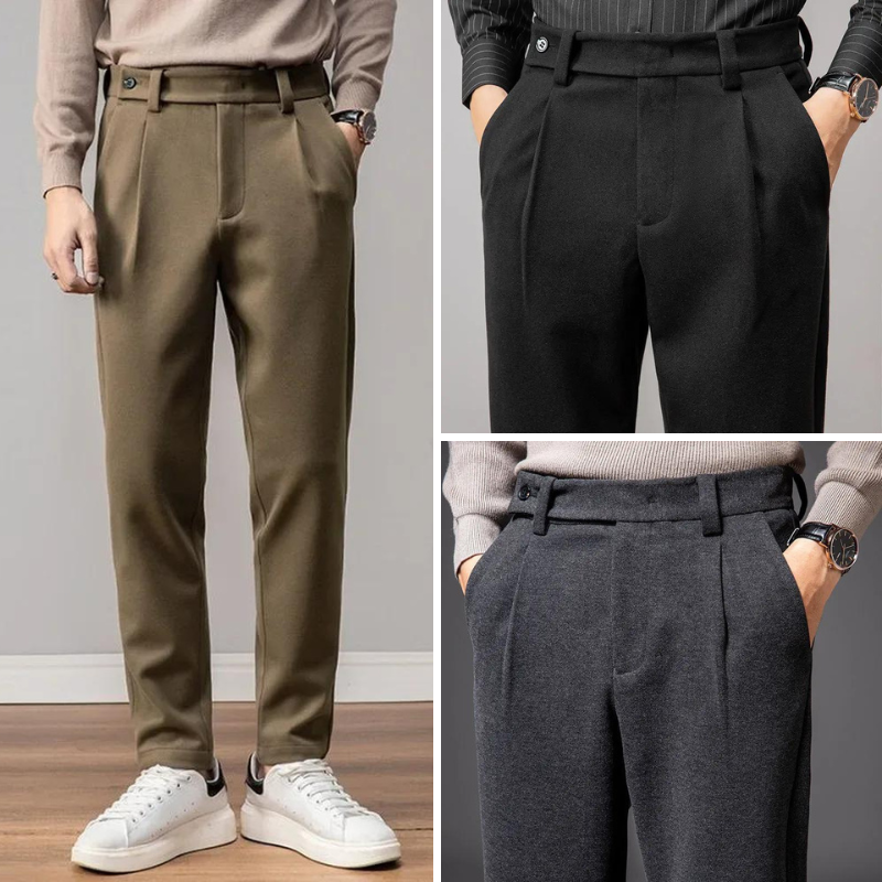 A collage showing men wearing three different pairs of tailored slacks—olive green on the left, black on the top right, and dark gray on the bottom right—all paired with long-sleeve shirts and watches.