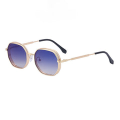 Vintage-inspired sunglasses featuring gold-tone frames, round blue gradient lenses, and black-tipped arms. These stylish shades offer UV400 protection and are displayed on a white background.