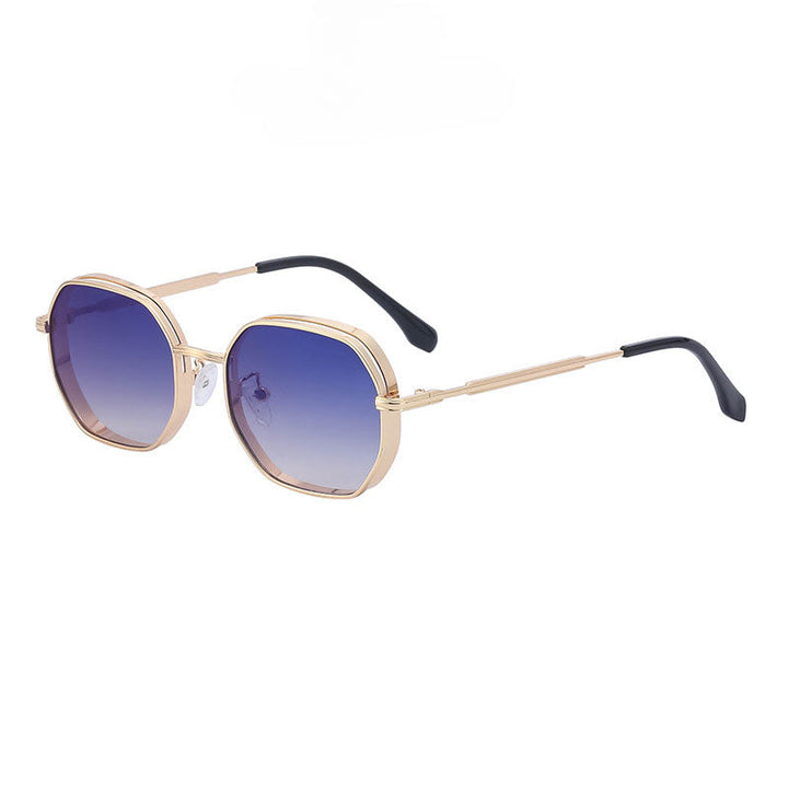 Vintage-inspired sunglasses featuring gold-tone frames, round blue gradient lenses, and black-tipped arms. These stylish shades offer UV400 protection and are displayed on a white background.