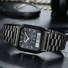 A black Luxury G Style dual display wristwatch with both analog and digital time is shown resting on a dark, reflective surface. White hour markers and hands complement the digital readout, displaying 3:10:05.