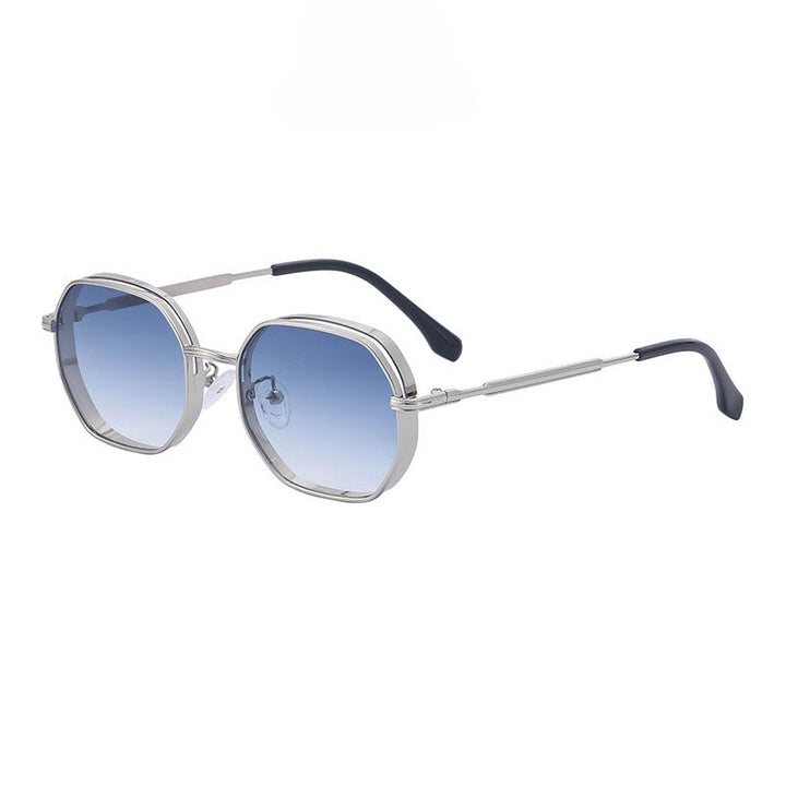 Vintage-inspired sunglasses with gold-tone frames, blue gradient lenses, and black temple tips offer UV400 protection. Shown on a white background.