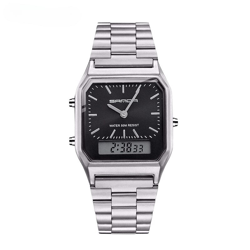 A silver stainless steel waterproof sports watch with a black face, analog clock hands, and a small rectangular digital dual display showing “21:03”. The Luxury G Style Sanda brand is visible on the face.