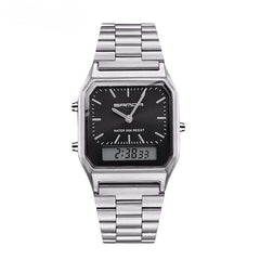 A silver stainless steel waterproof sports watch with a black face, analog clock hands, and a small rectangular digital dual display showing “21:03”. The Luxury G Style Sanda brand is visible on the face.