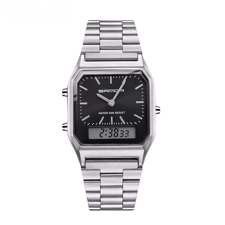 A silver stainless steel waterproof sports watch with a black face, analog clock hands, and a small rectangular digital dual display showing “21:03”. The Luxury G Style Sanda brand is visible on the face.