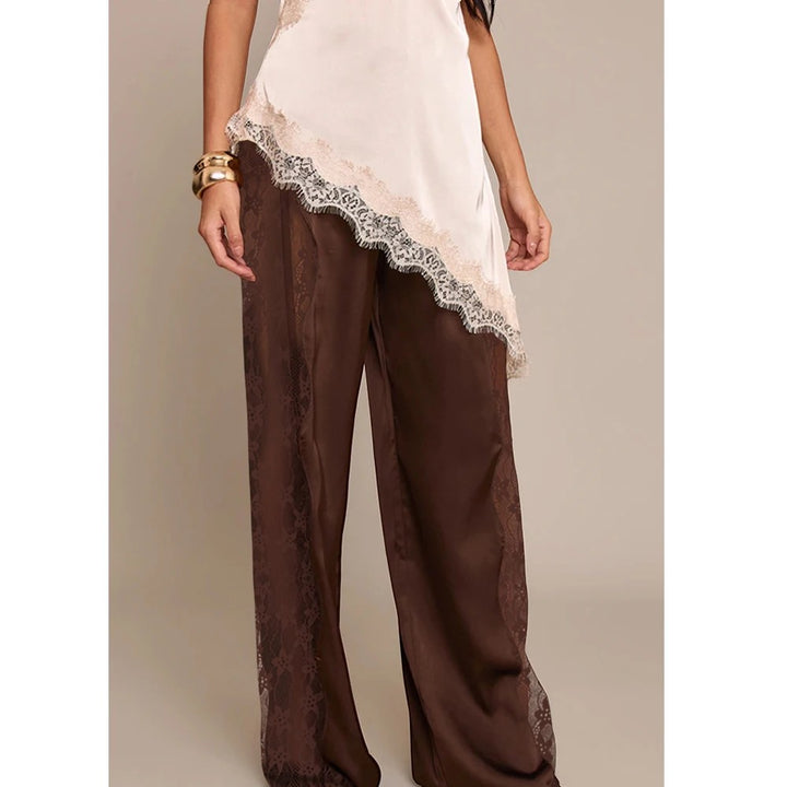 Almeria Lace Panel Trousers - Dark Brown