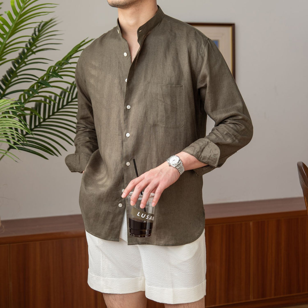 Arno Natural Linen Stand Collar Shirt