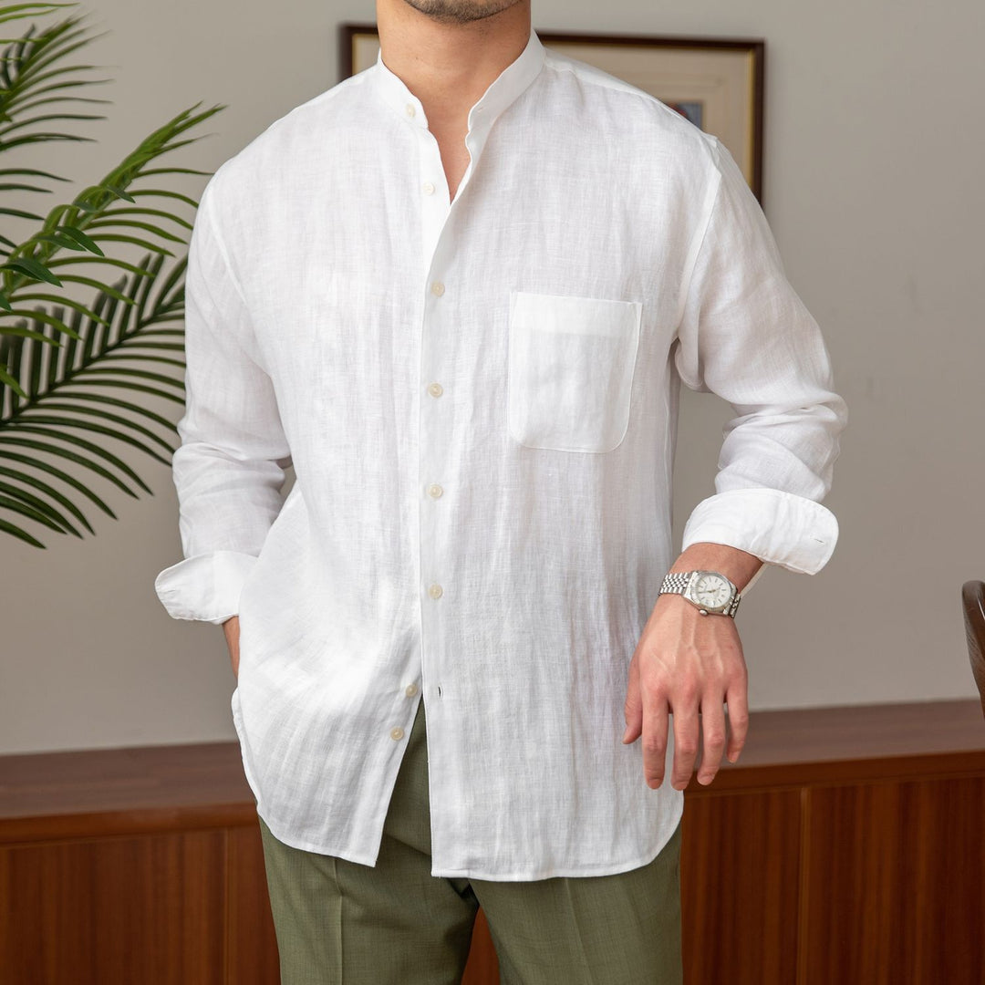 Arno Natural Linen Stand Collar Shirt