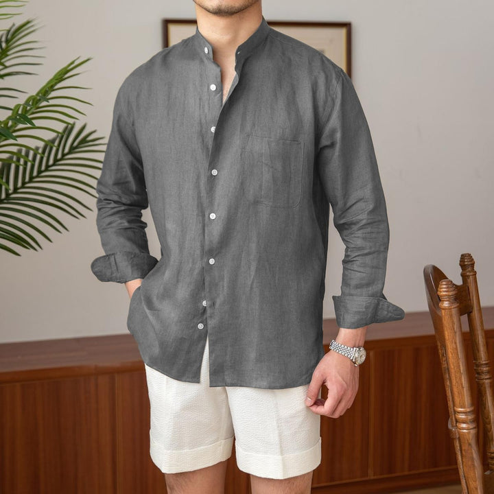 Arno Natural Linen Stand Collar Shirt - Grey