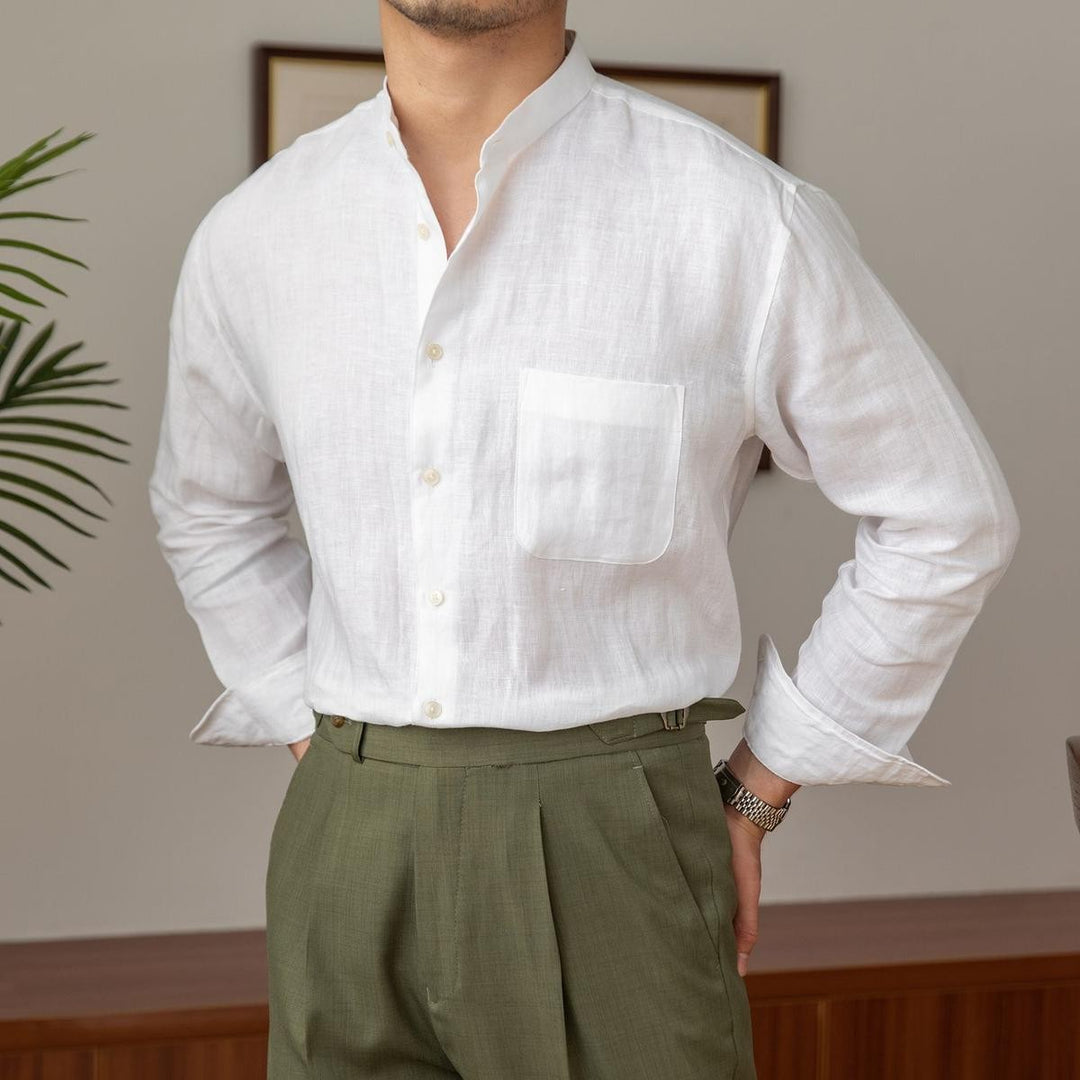 Arno Natural Linen Stand Collar Shirt - White