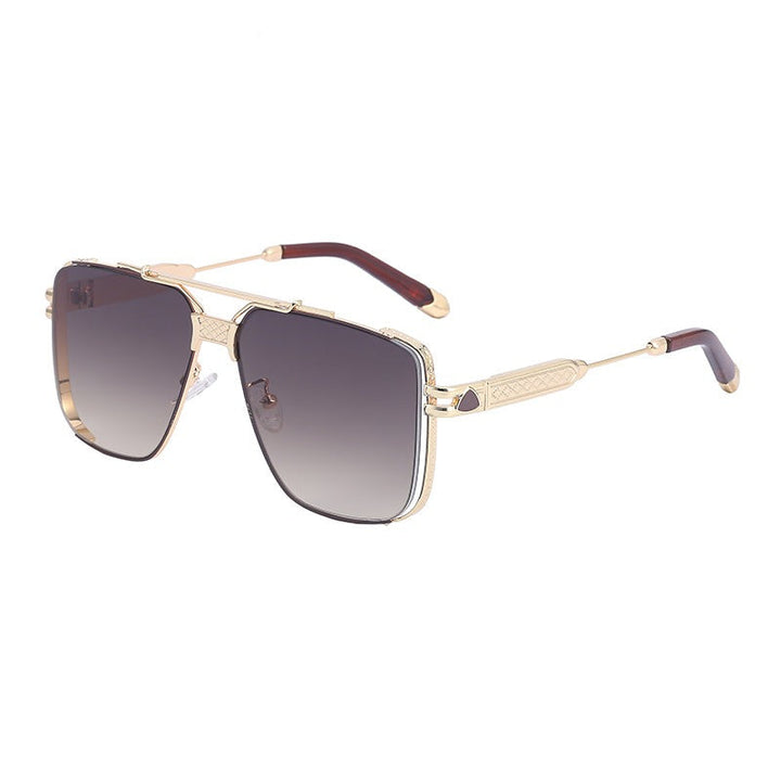 Gold-framed, square aviator vintage sunglasses with dark gradient lenses and brown-tipped temple arms, featuring UV400 protection, displayed on a white background.