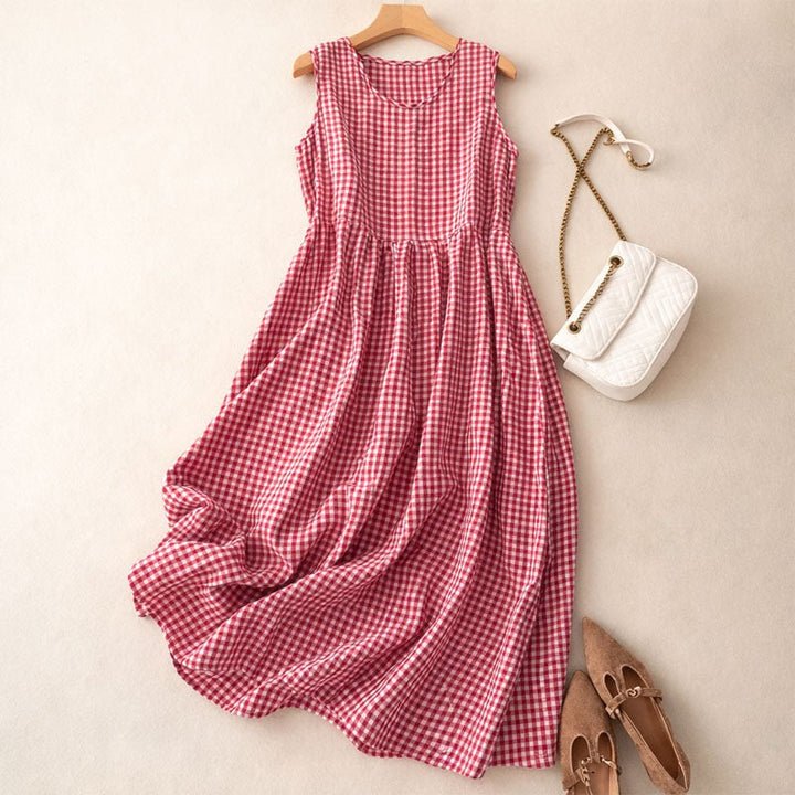 Belluno Checkered Midi Dress - Crimson