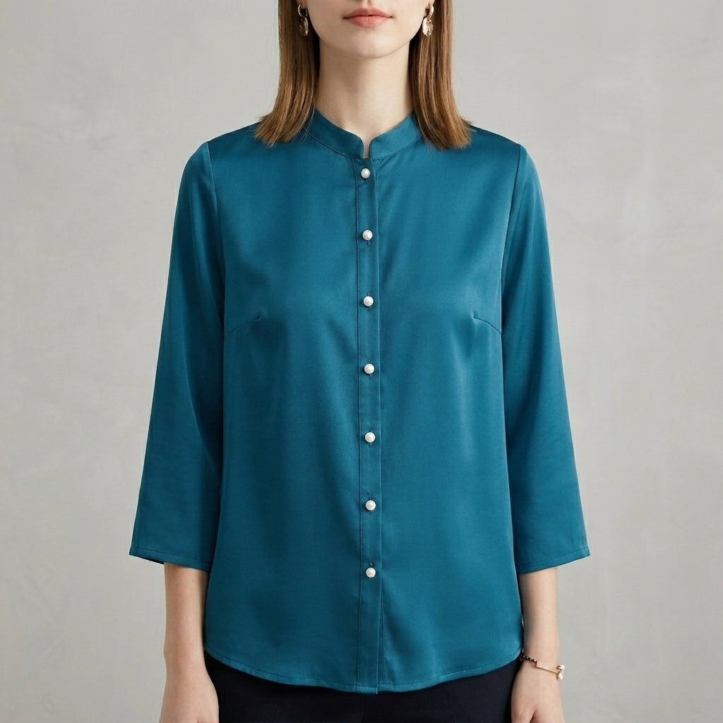 Bergamo Relaxed Mandarin Blouse - Azure
