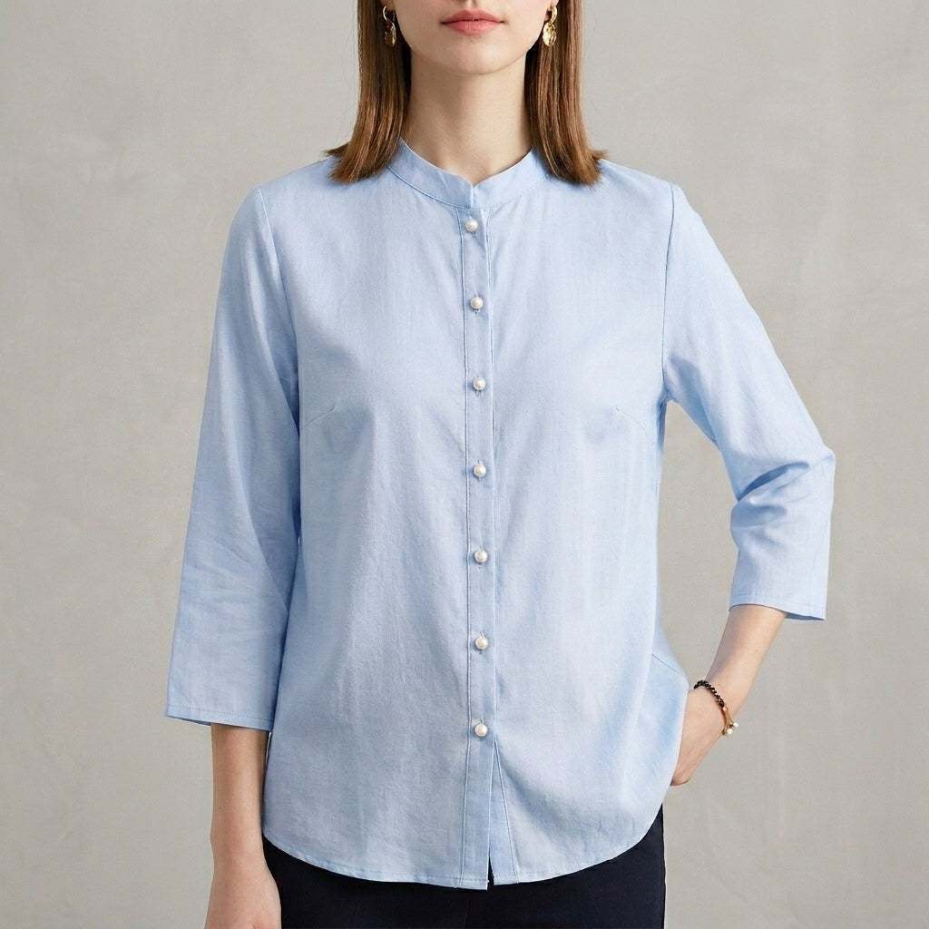 Bergamo Relaxed Mandarin Blouse - Cerulean