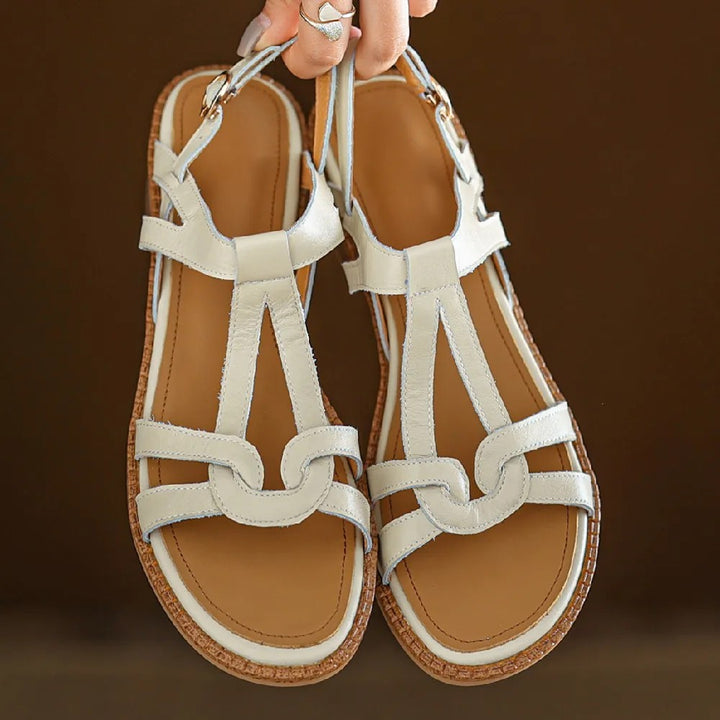 Como Genuine Leather T-Strap Flats - Almond