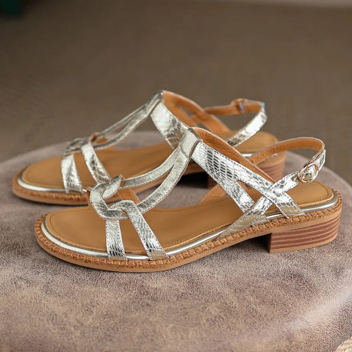 Como Genuine Leather T-Strap Flats - Silver