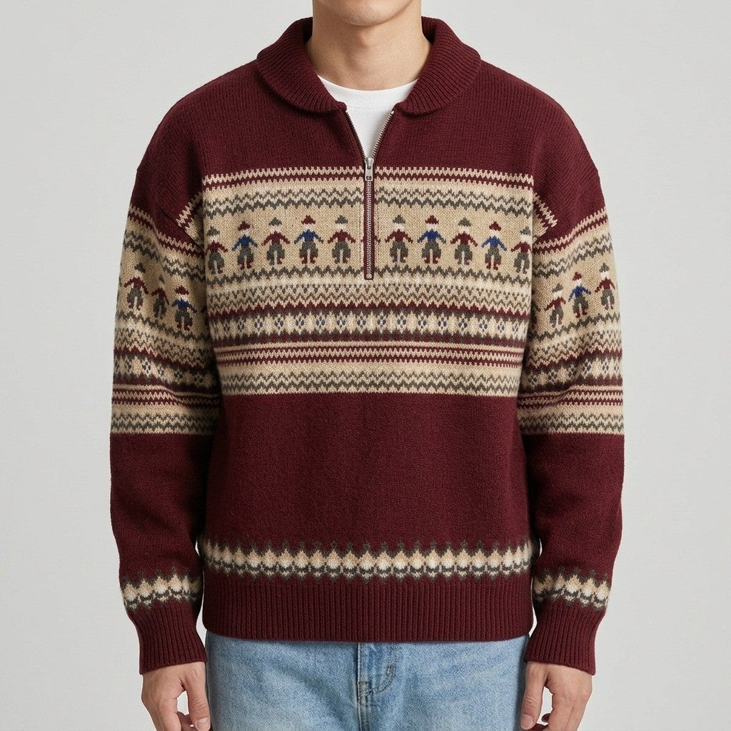 Davos Fair Isle Zip Sweater - Burgundy