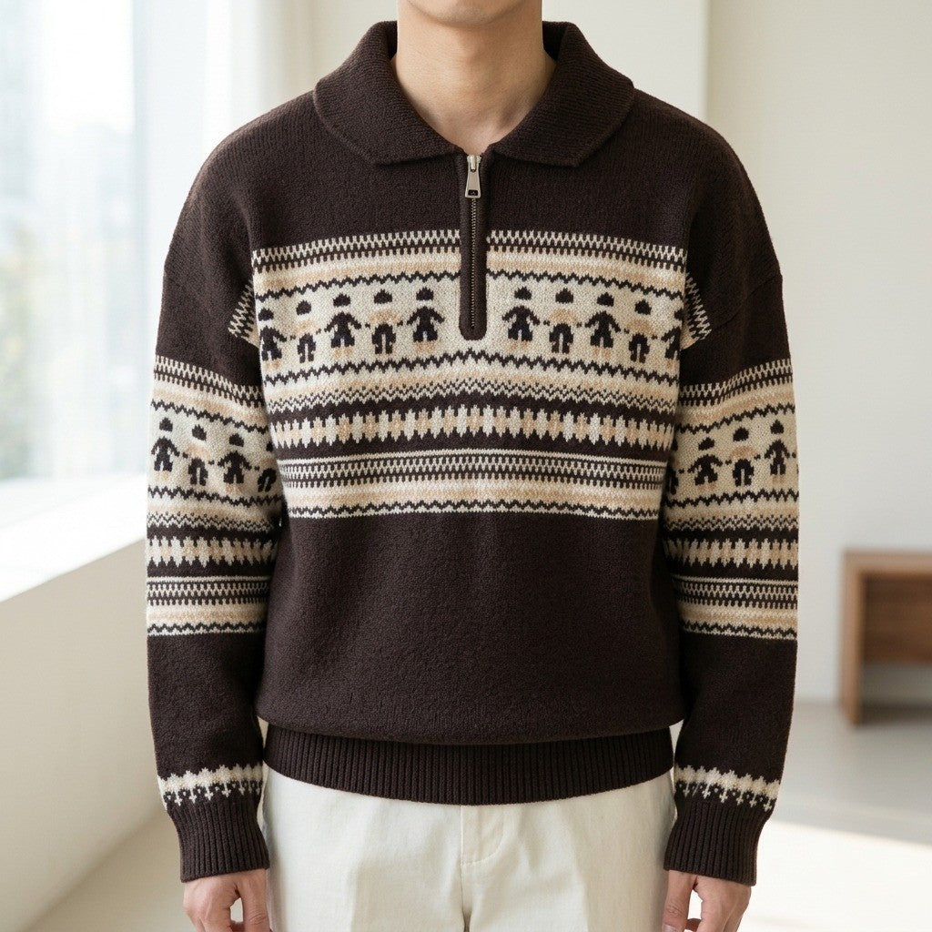 Davos Fair Isle Zip Sweater - Chestnut