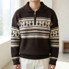 Davos Fair Isle Zip Sweater - Chestnut