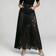 Elysian Lace-Trim Denim Maxi Skirt