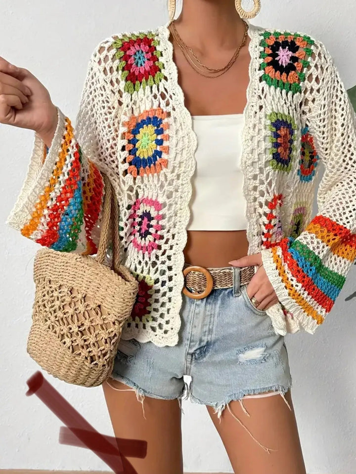 Elara Rainbow Crochet Cardigan - White