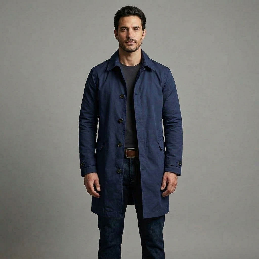 Everett Mac Coat in navy, full length