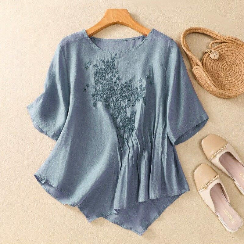 Genoa Embroidered Pleated Blouse - Azure
